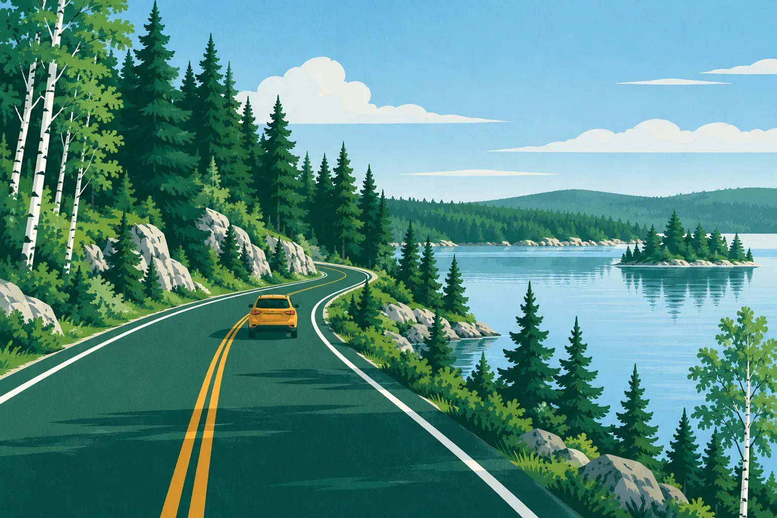 A road through northern forests beside a calm lake, a typical landscape of Minnesota